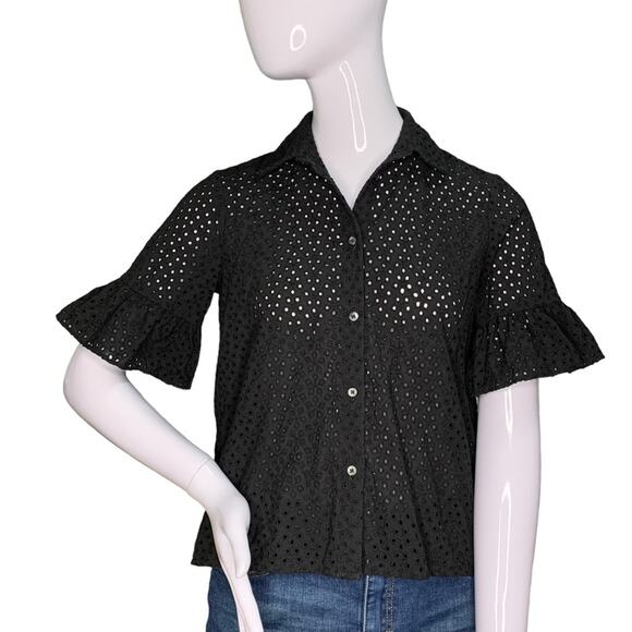 Madewell Eyelet Button Down Shirt Bell Sleeve Black Size XS - Picture 1 of 13